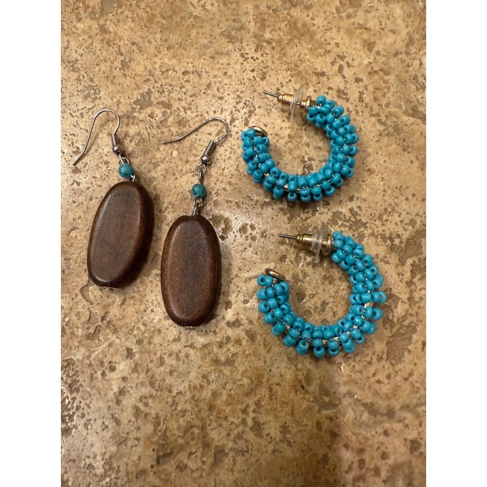 Set Of 2 Pairs Of Earrings: Boho Chic Turquoise Bead Hoops & Brown Wood Dangle E